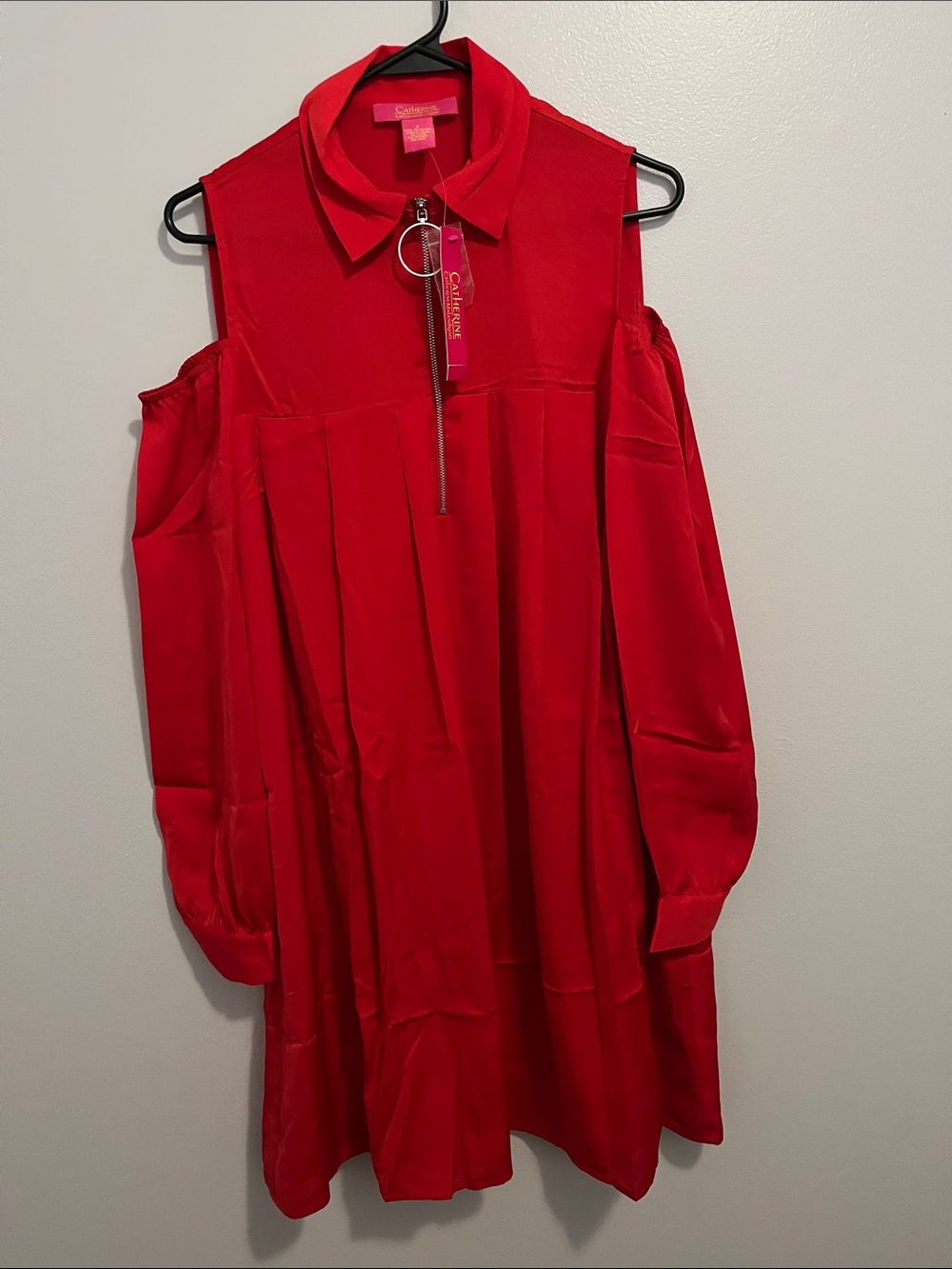 Callahan Vibrant Red Cold-Shoulder Long Sleeve Dress with Zip Ring